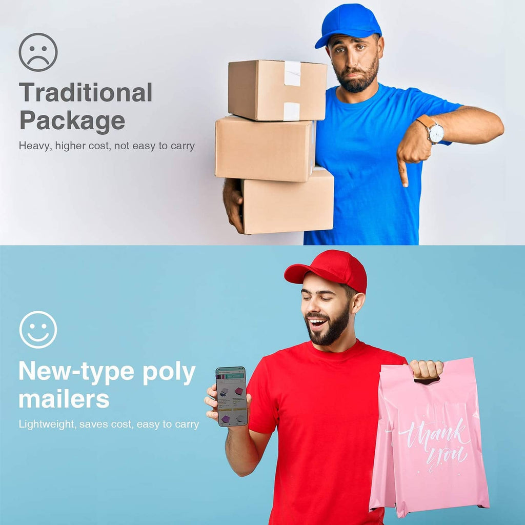 Pink poly mailer held by a delivery worker, “Thank you” print visible