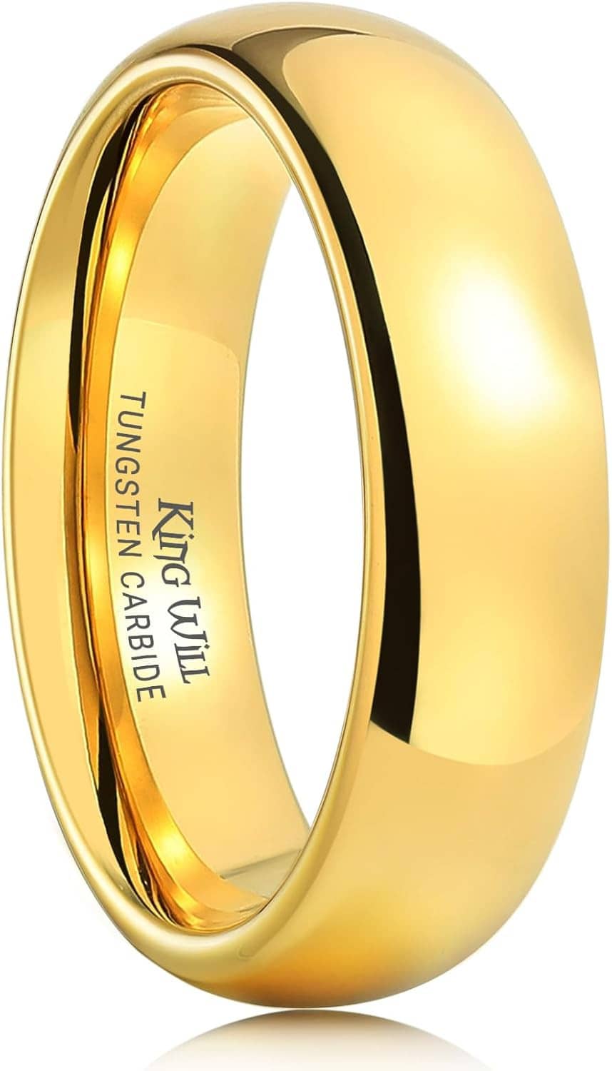 Gold plated tungsten carbide ring with inner text, smooth rounded exterior