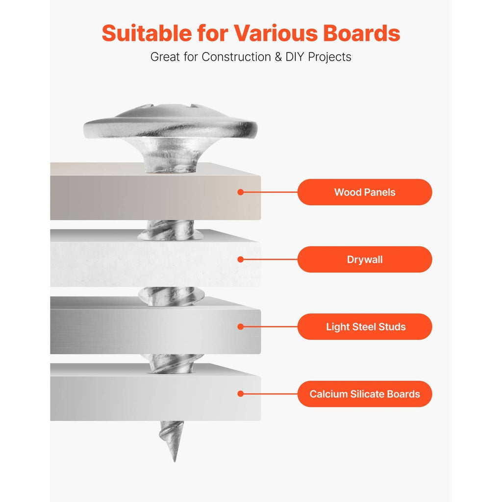 Self-drilling screw with round head, shown for multiple board types