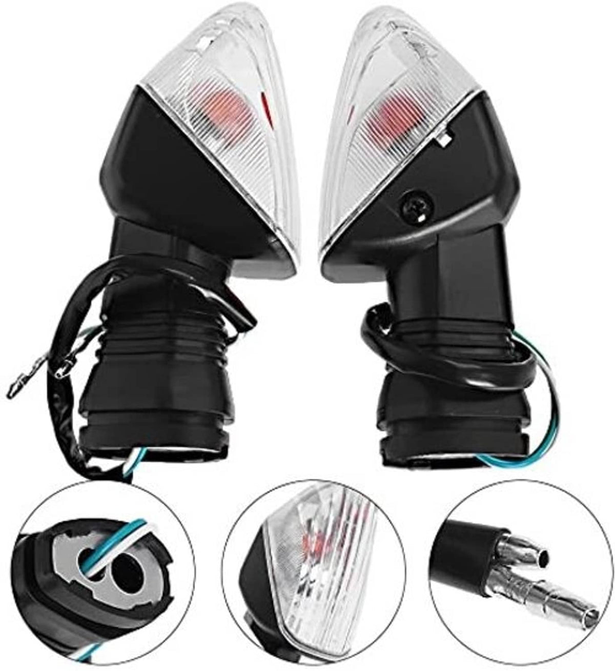 Pair of motorcycle turn signal lights with clear lenses, black housings, and wiring connectors