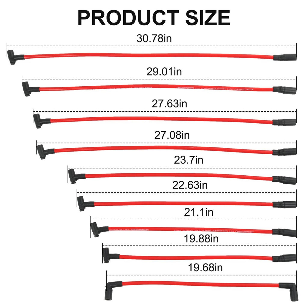 Red spark plug wires with black spark plug boots, shown with length diagram