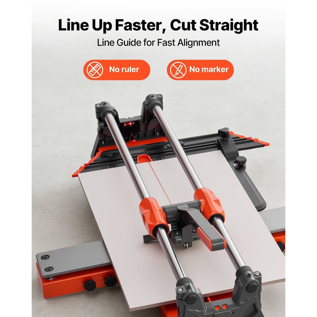 Manual tile cutter with line guide rails and orange cutting platform