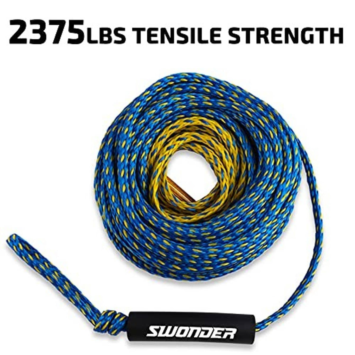 Blue and yellow braided tow rope coil with black SWONDER end weight, 2375 lbs tensile