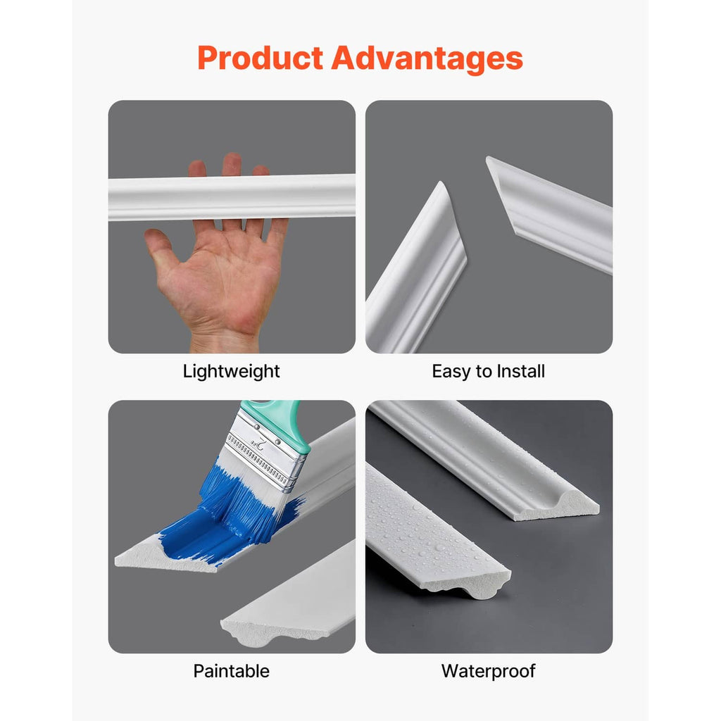 Wall molding kit product benefits graphic with white molding profiles shown