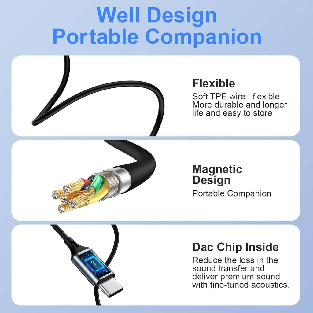 Wired USB-C earbuds with flexible black TPE cable and silver connector plug