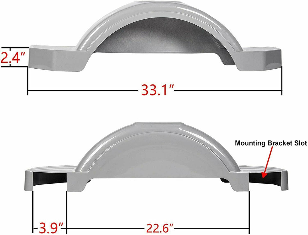 Gray trailer fender step with curved wheel arch and mounting bracket slot