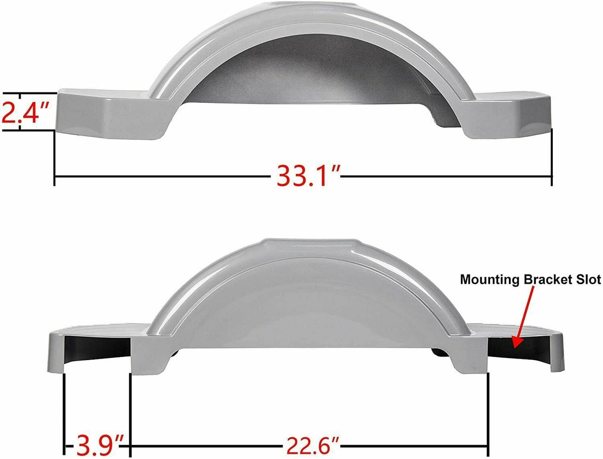 Gray trailer fender step with curved wheel arch and mounting bracket slot