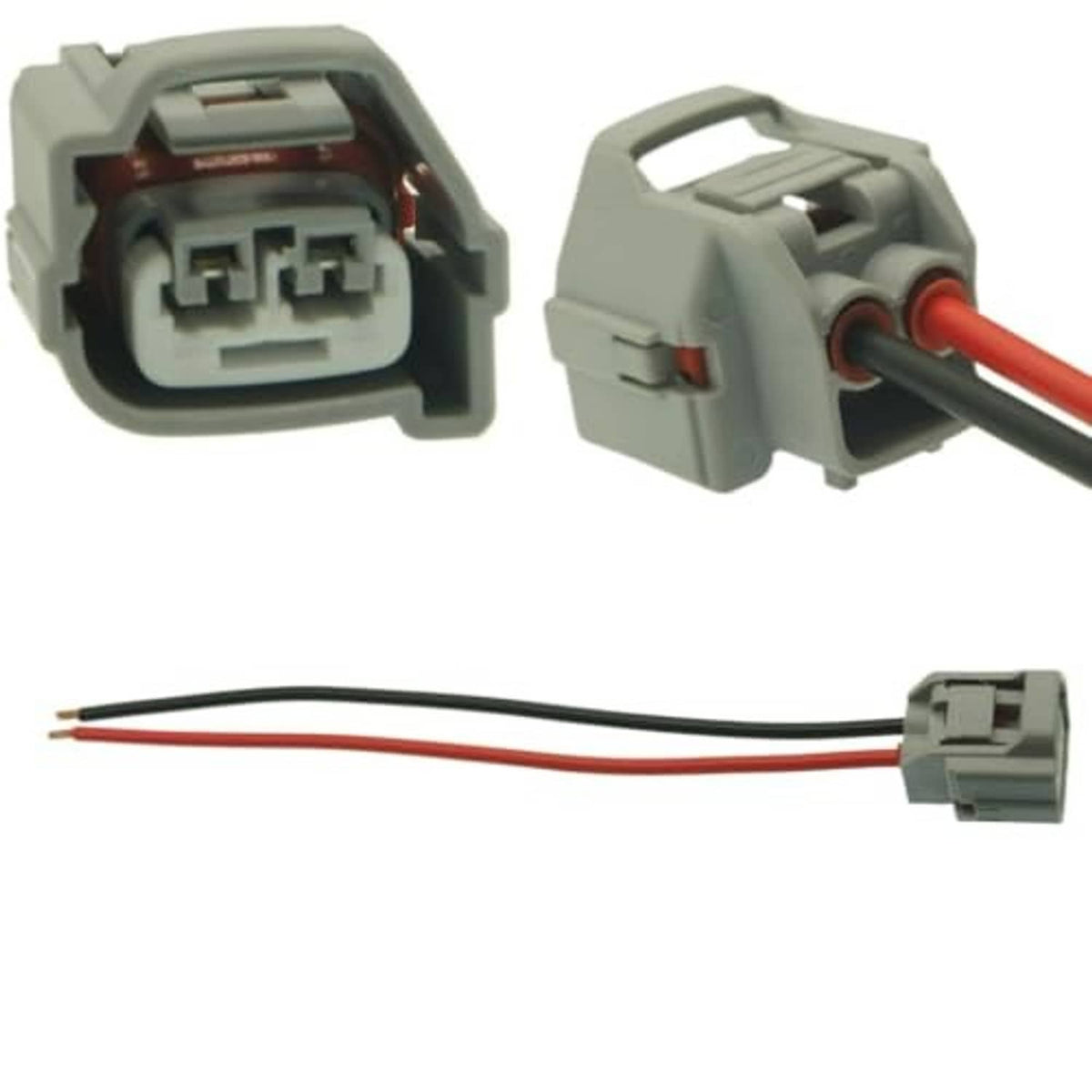 AC compressor wiring pigtail with gray connectors and red/black insulated wires