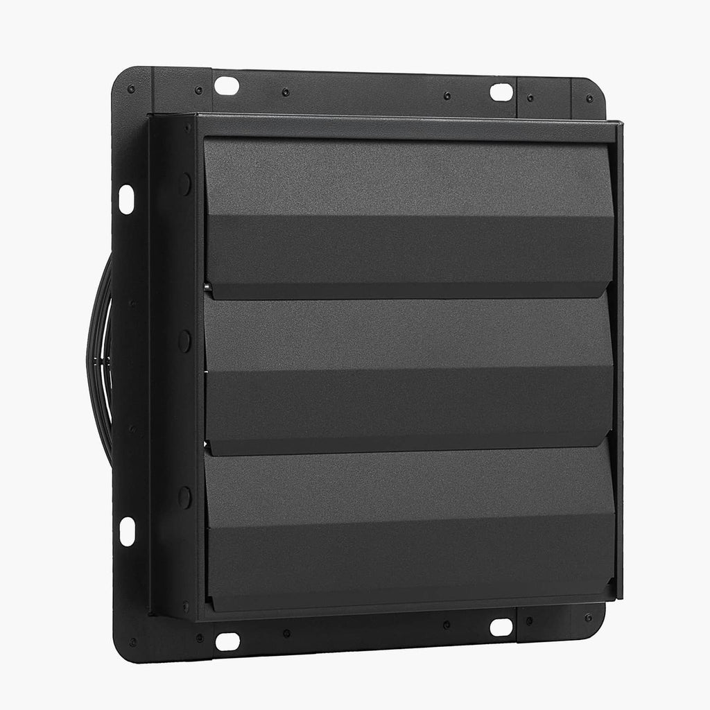 12-inch wall-mount exhaust fan shutter housing, black exterior view