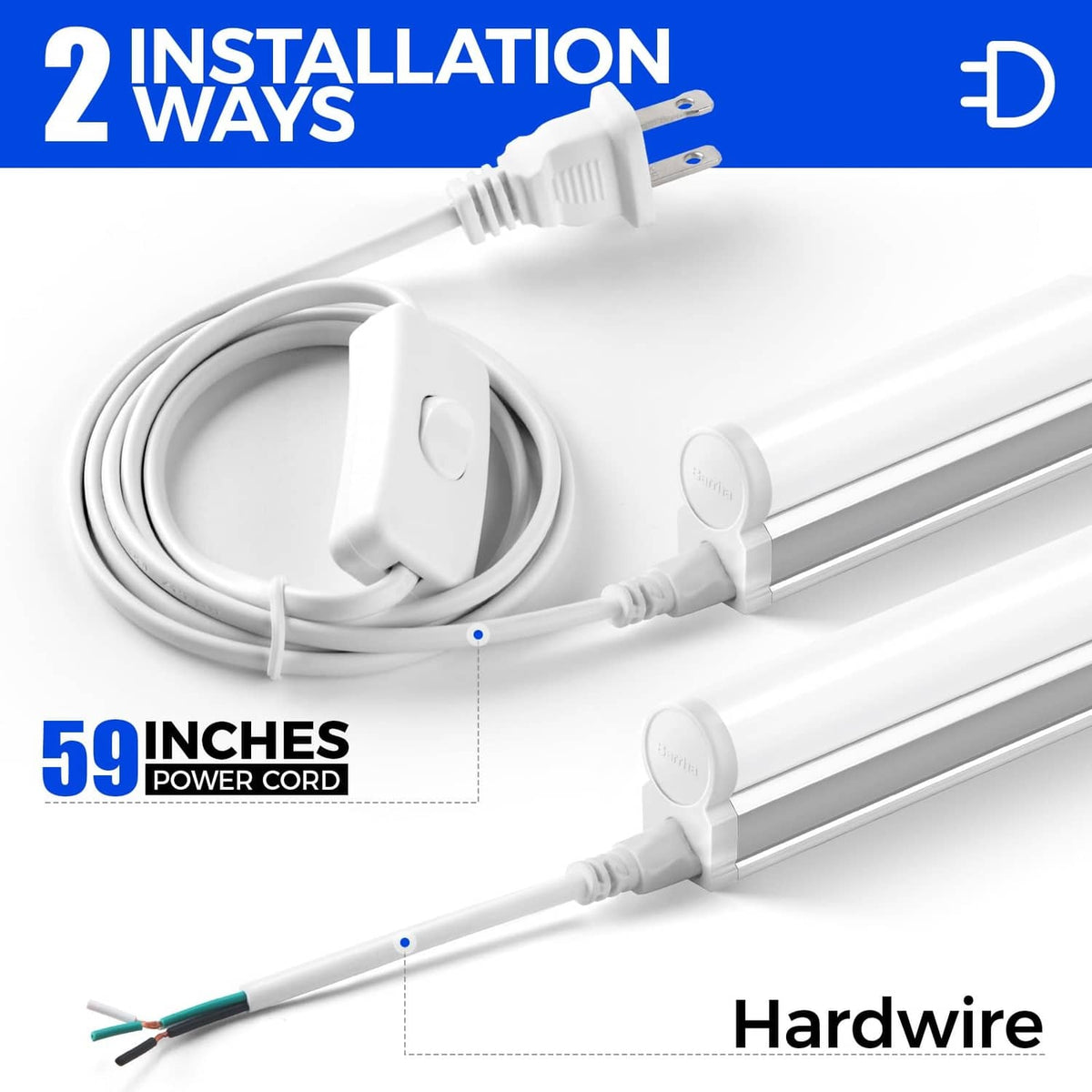 T5 LED light fixture with power cord and grounded plug for installation