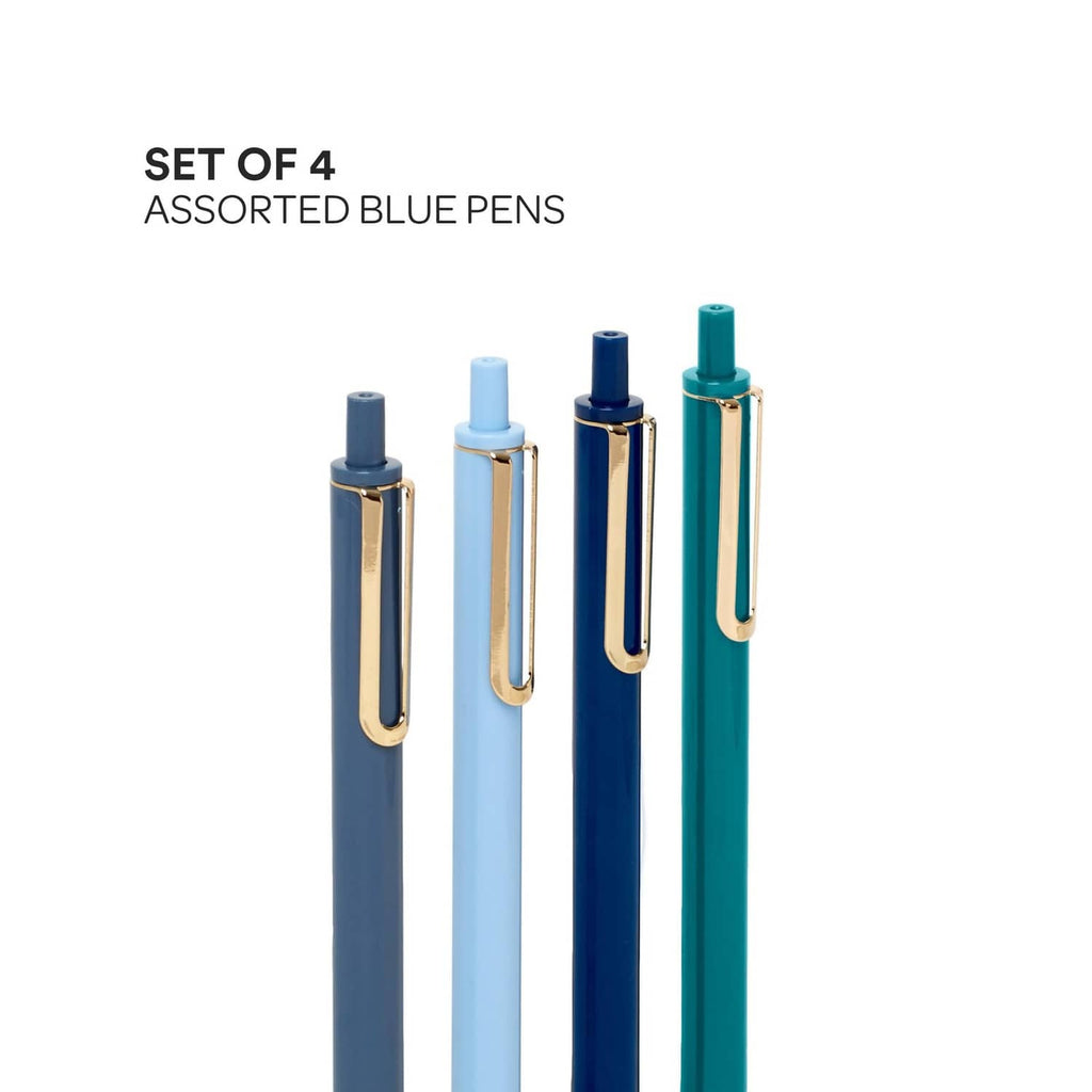Set of 4 retractable gel pens with blue barrels and gold clips, fine point