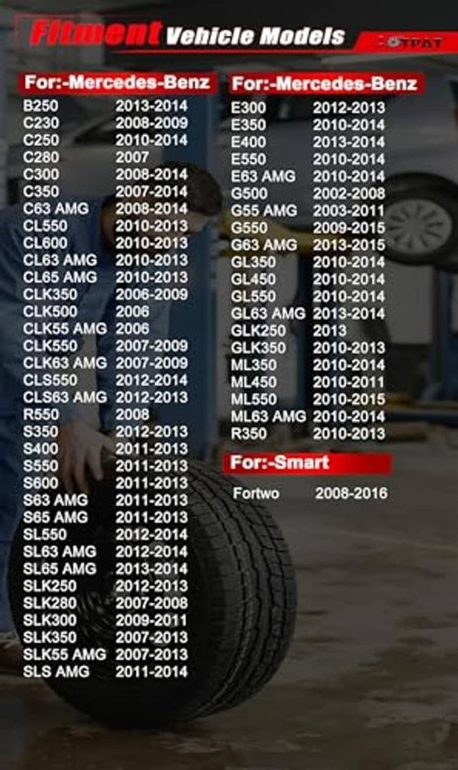 TPMS sensor compatibility list graphic over a tire tread