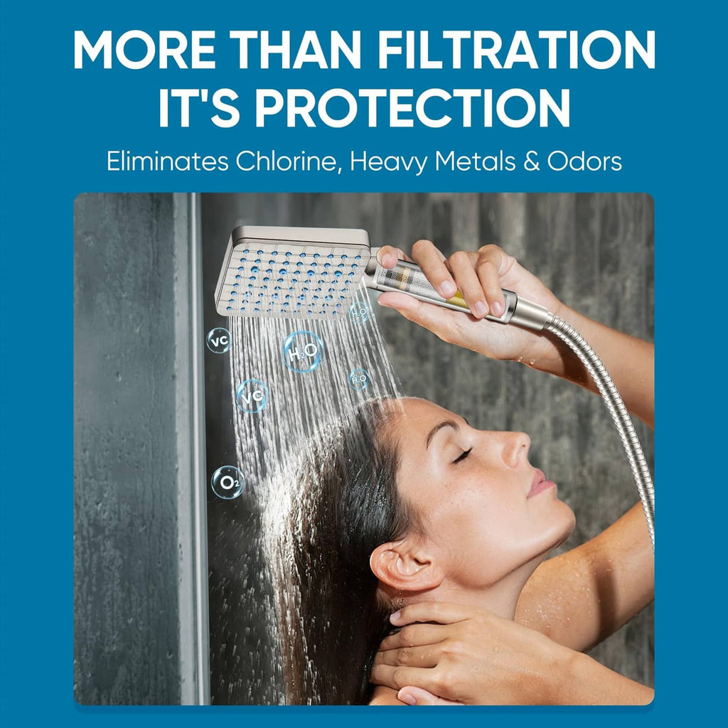 Handheld filtered shower head spraying water with brushed metal hose and head