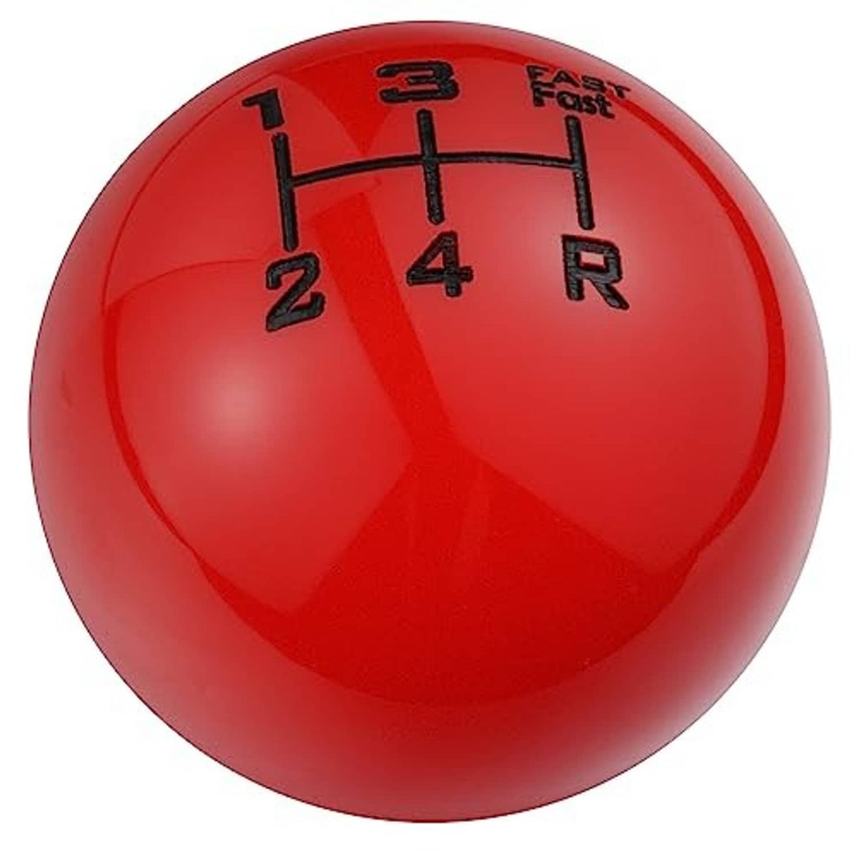 Red 5-speed gear shift knob with 1-5 and R markings, glossy round top view