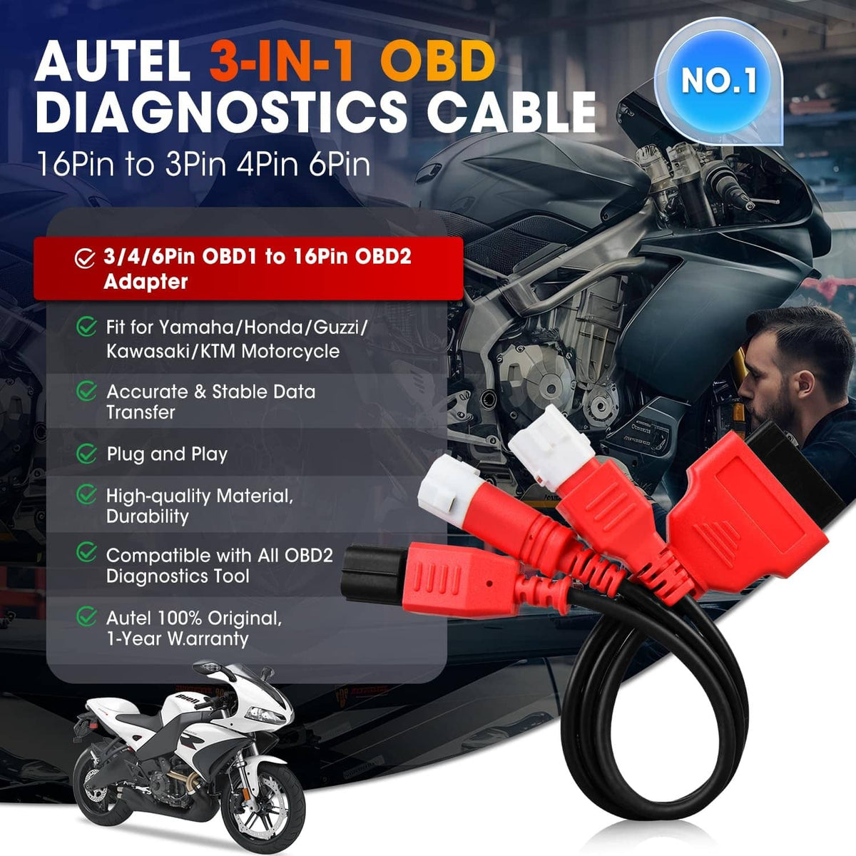 OBD2 adapter cable with red connector ends and black cable bundle