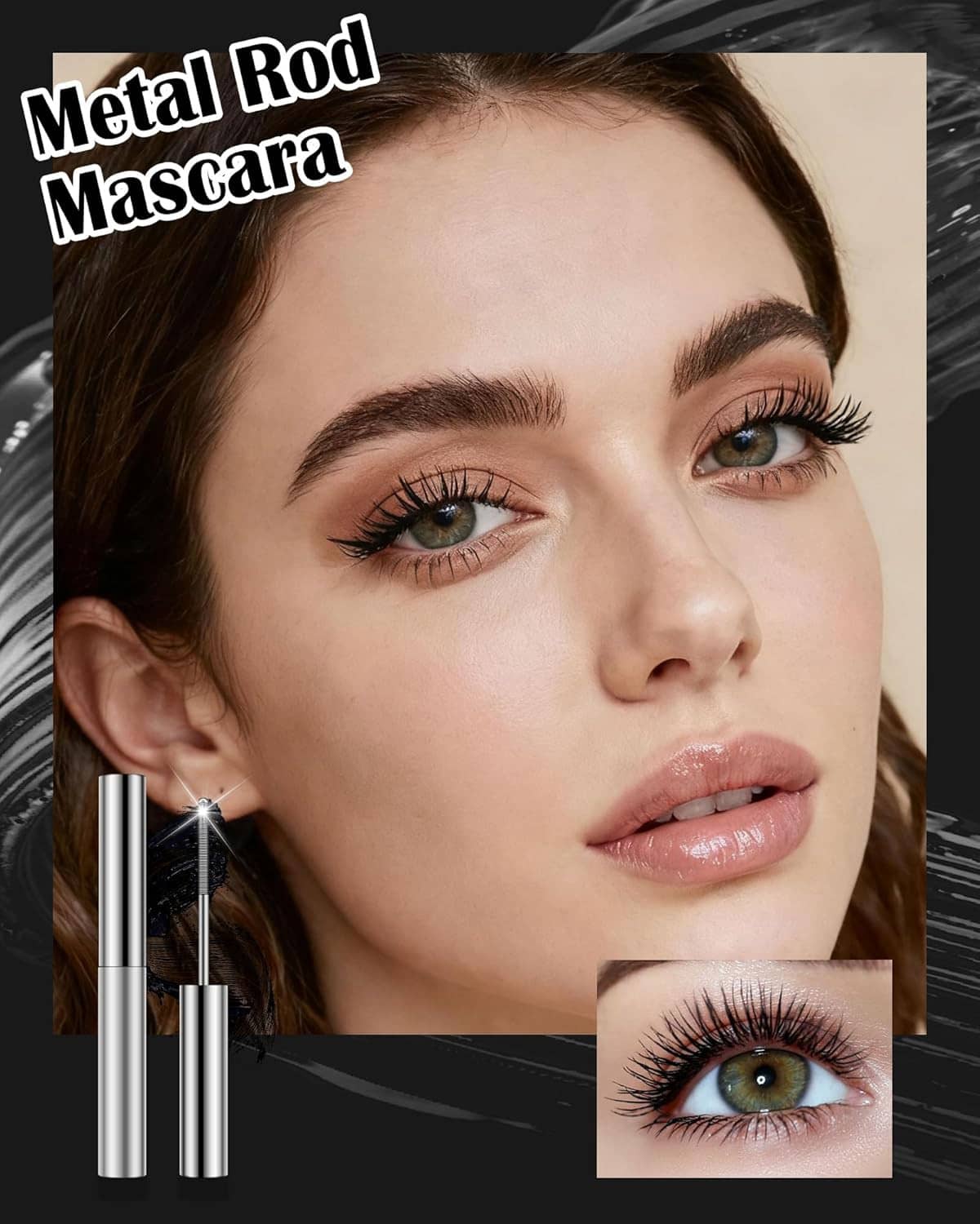 Waterproof metal rod mascara with model’s lashes and silver tube, black finish