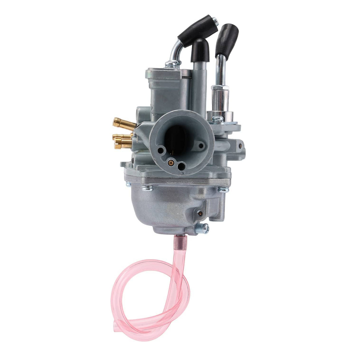 Carburetor side view with intake port, black hoses, and pink fuel line
