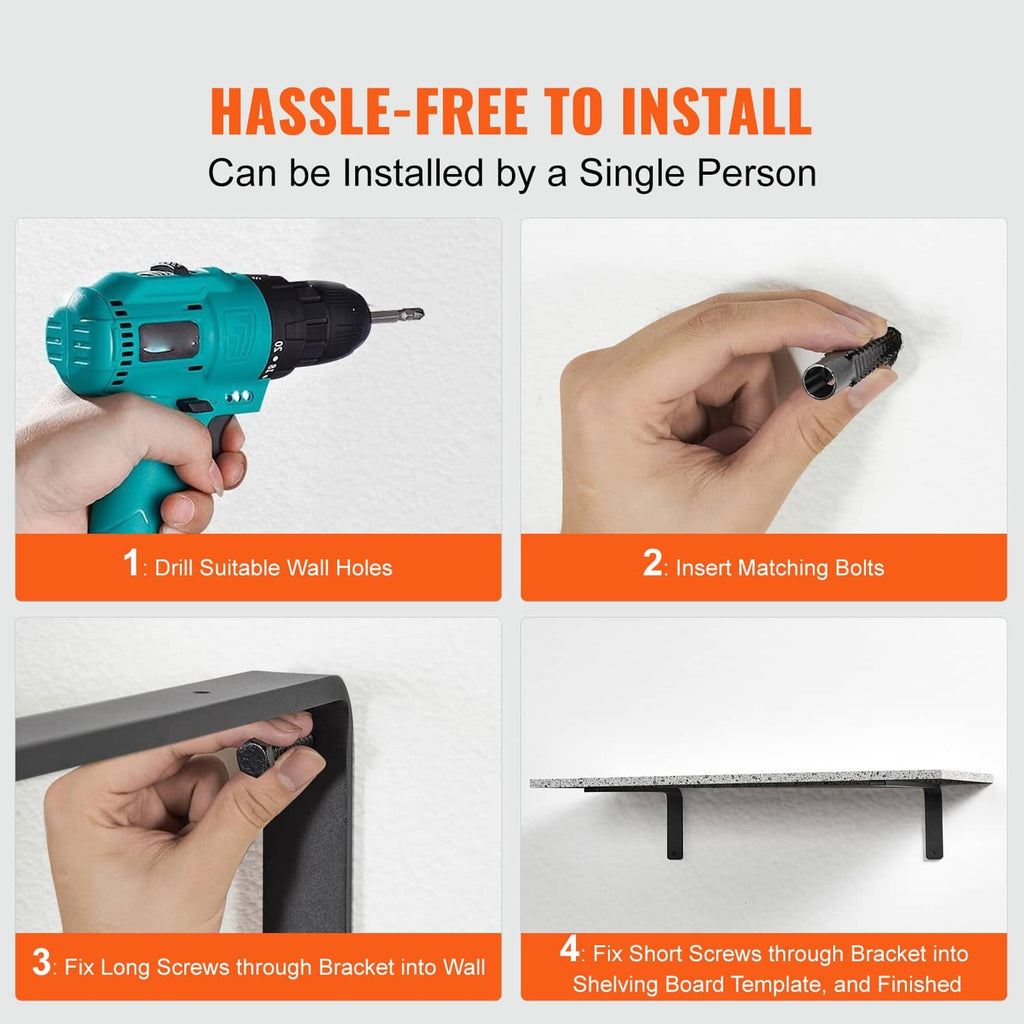 Black L-shaped shelf bracket with mounting hardware shown for installation