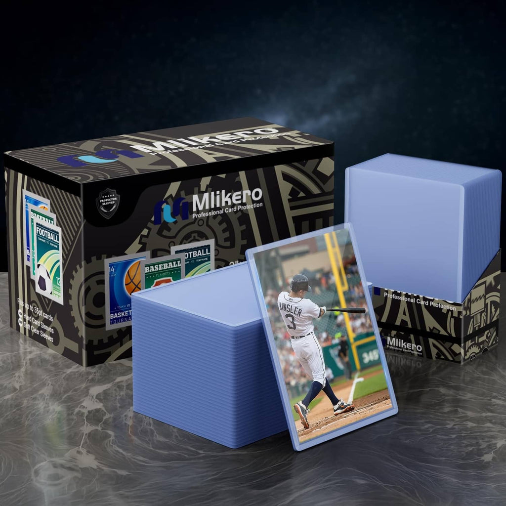 Retail box and stack of clear hard plastic card sleeves with a sleeved card