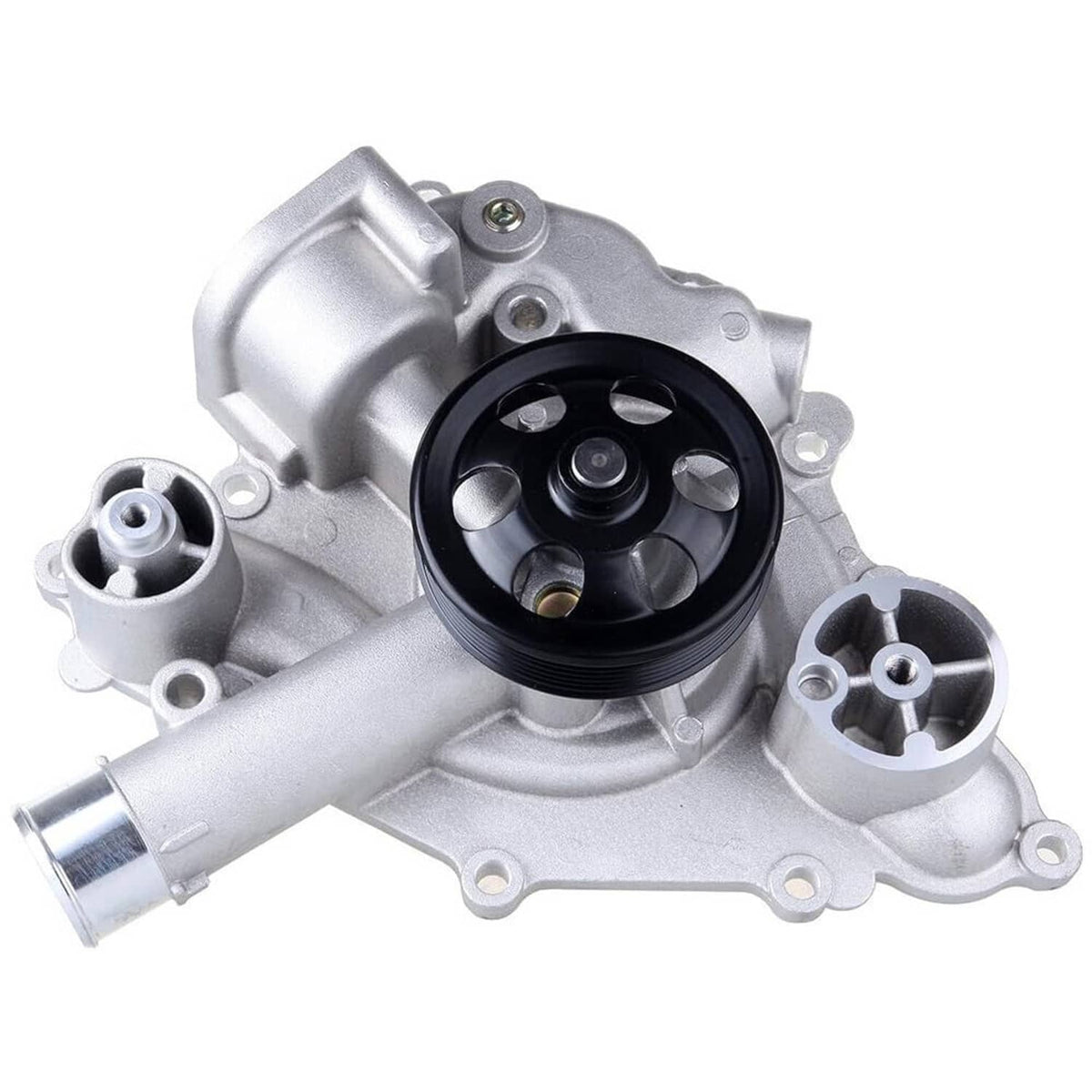Car water pump with black pulley and silver cast aluminum housing