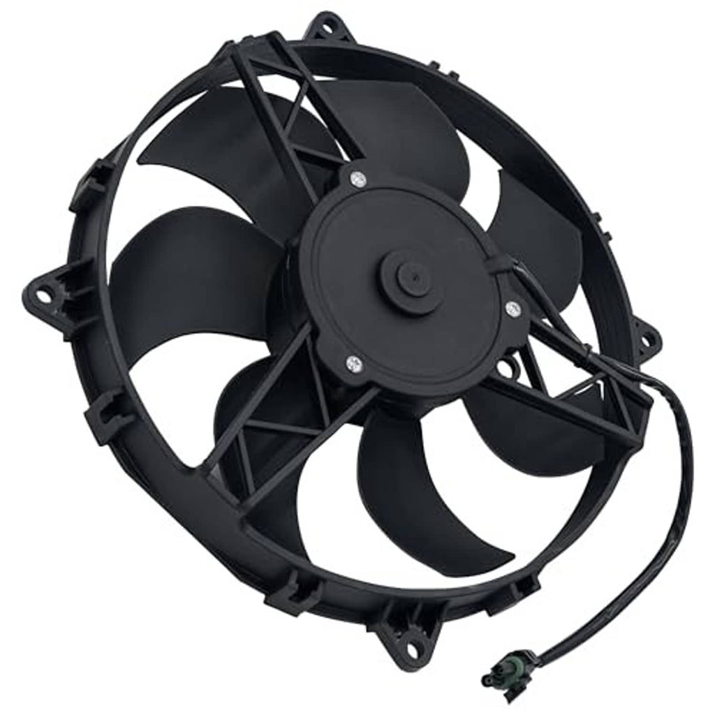 Radiator cooling fan motor with black fan blades and mounting posts
