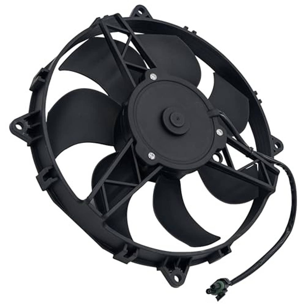Radiator cooling fan motor with black fan blades and mounting posts