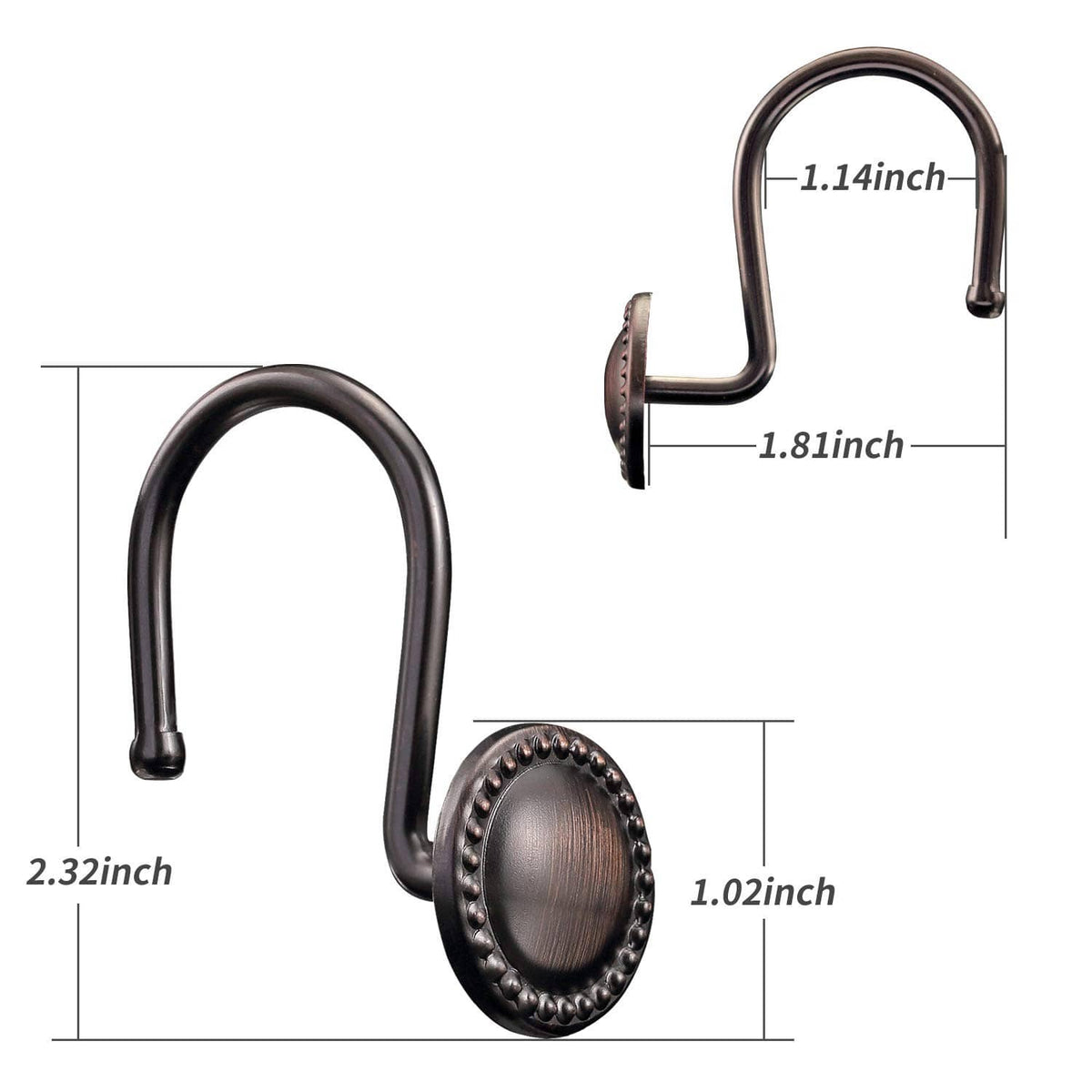 Oil-rubbed bronze shower curtain hooks with size measurements: 1.02in and 2.32in