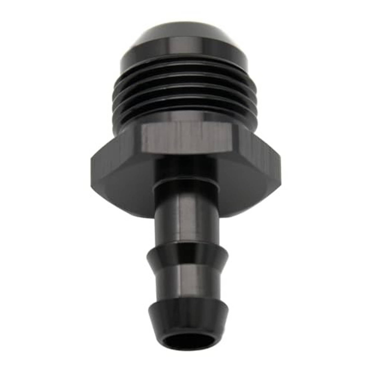 Black 10AN male to 3/8" push hose barb fitting with hex-style mounting surface