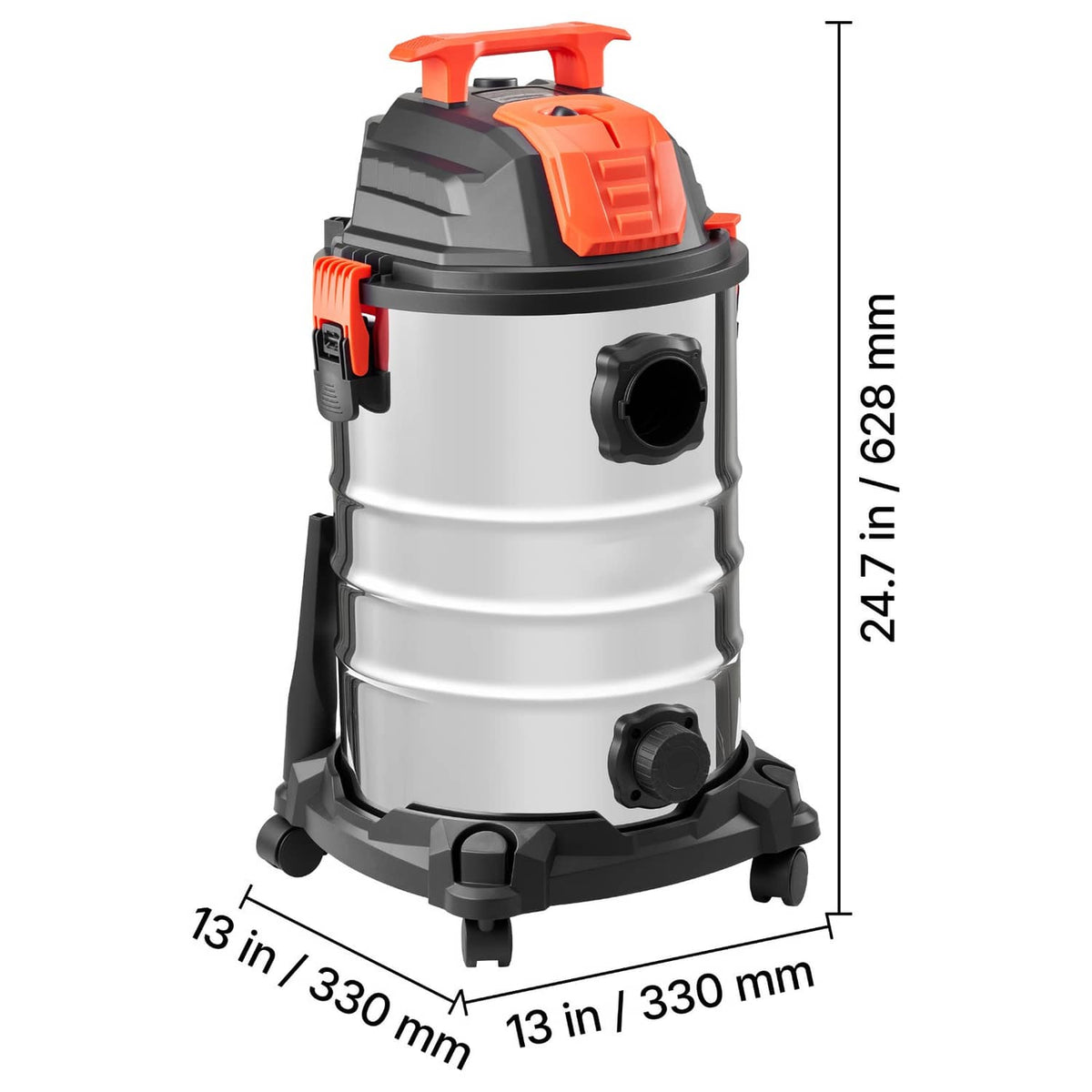 Wet/dry vacuum cleaner with orange handle, silver metal tank, and four wheels