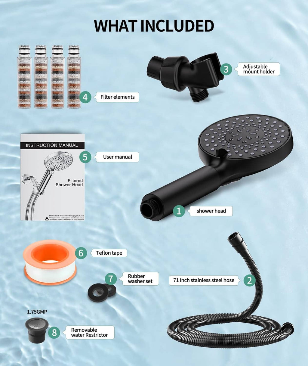 Matte black shower head kit with filter elements, shower hose, and holder