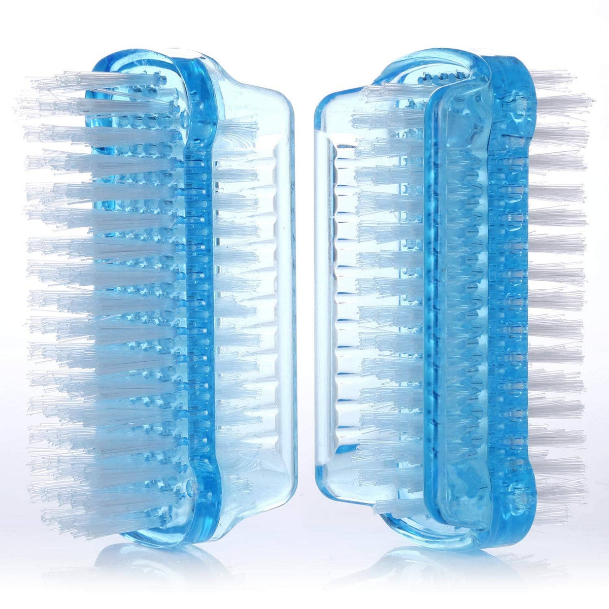 Two dual-sided nail scrub brushes with blue frames and dense white bristles