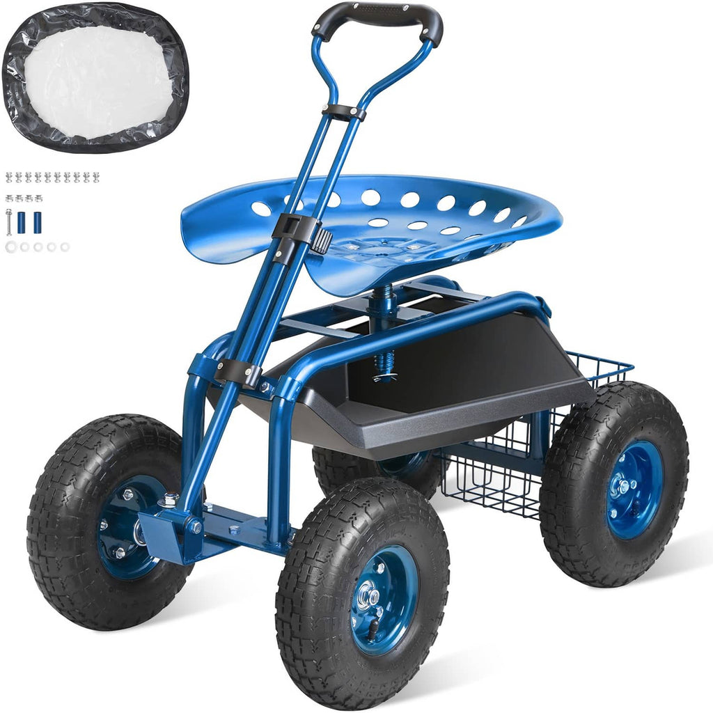 Blue garden cart with seat, extendable steer handle, and four large rugged wheels