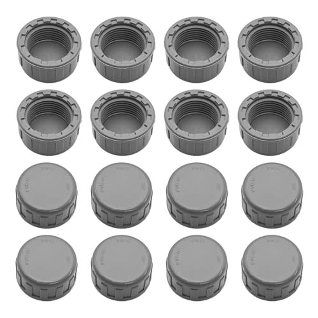 Gray PVC pipe end cap plugs with female threaded openings and round top covers (16-pack)
