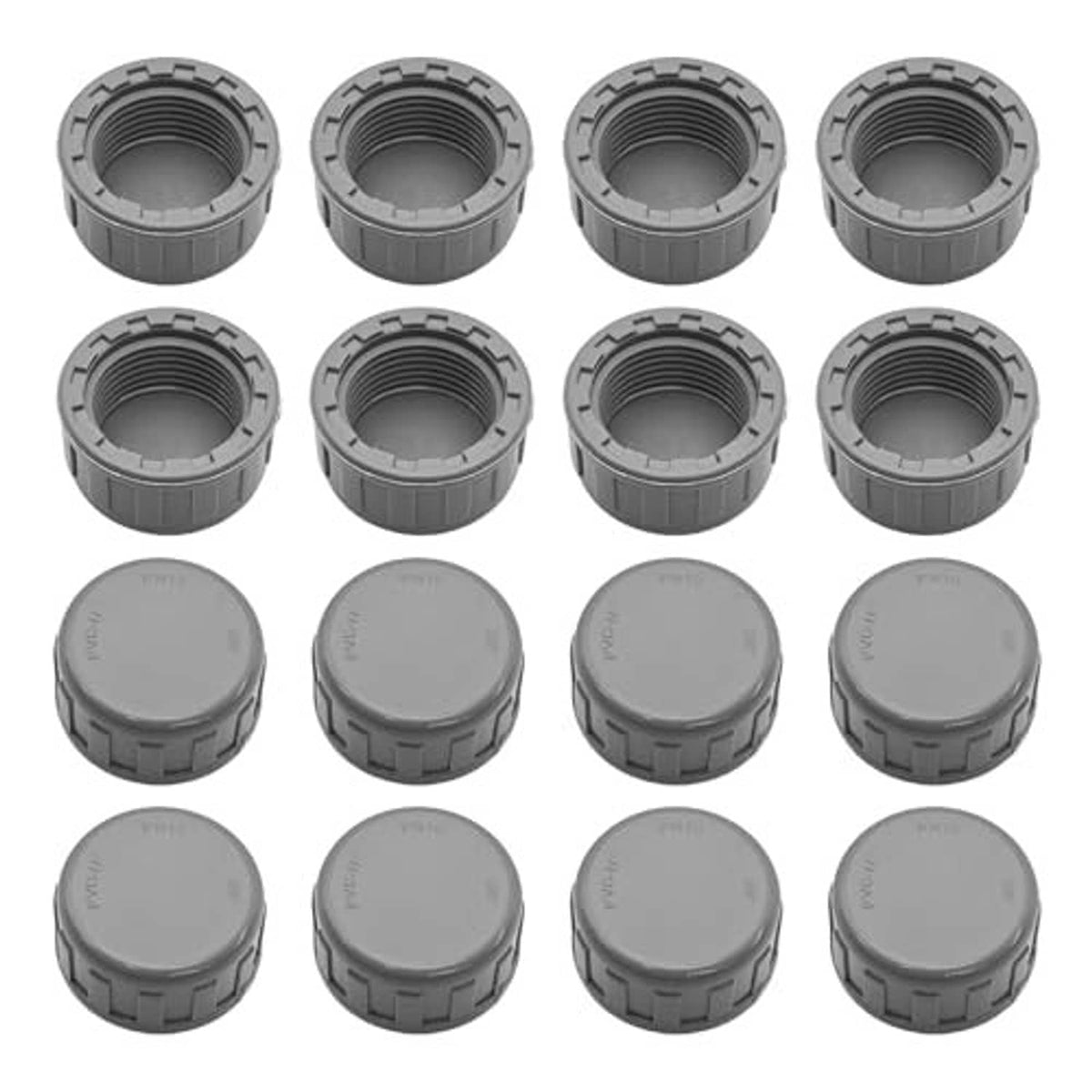 Gray PVC pipe end cap plugs with female threaded openings and round top covers (16-pack)