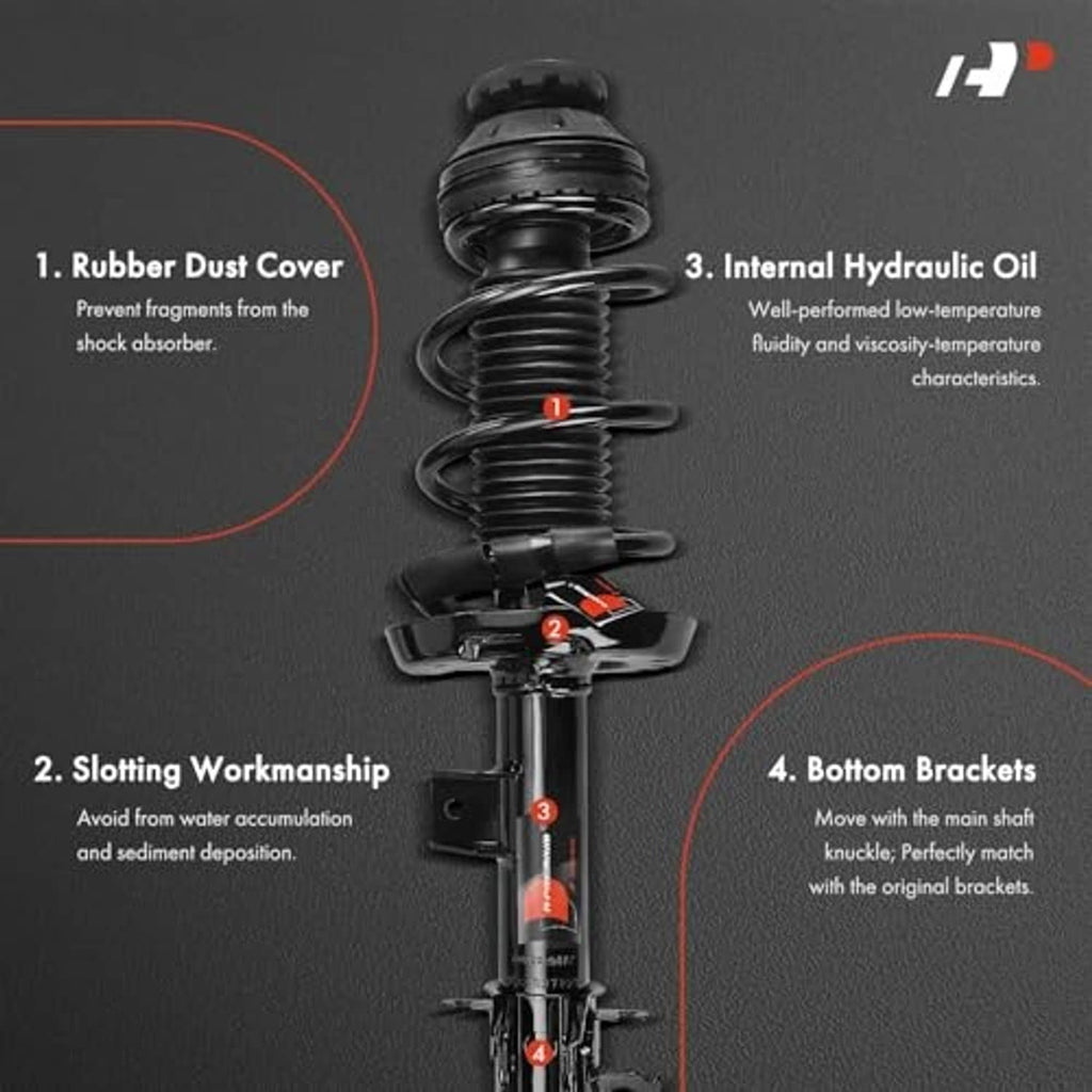 Front strut assembly with coiled spring and mount brackets, featuring dust cover and oil