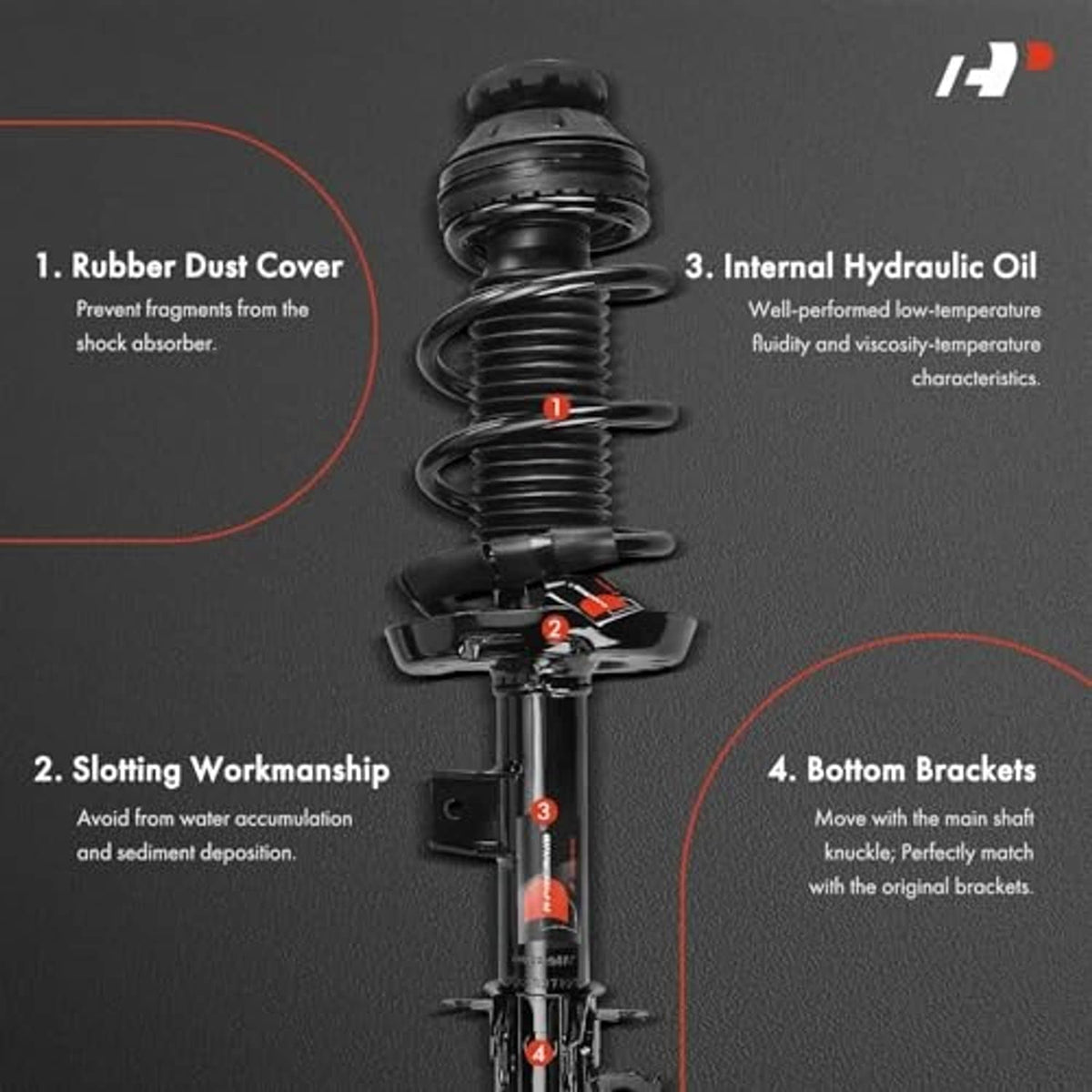 Front strut assembly with coiled spring and mount brackets, featuring dust cover and oil