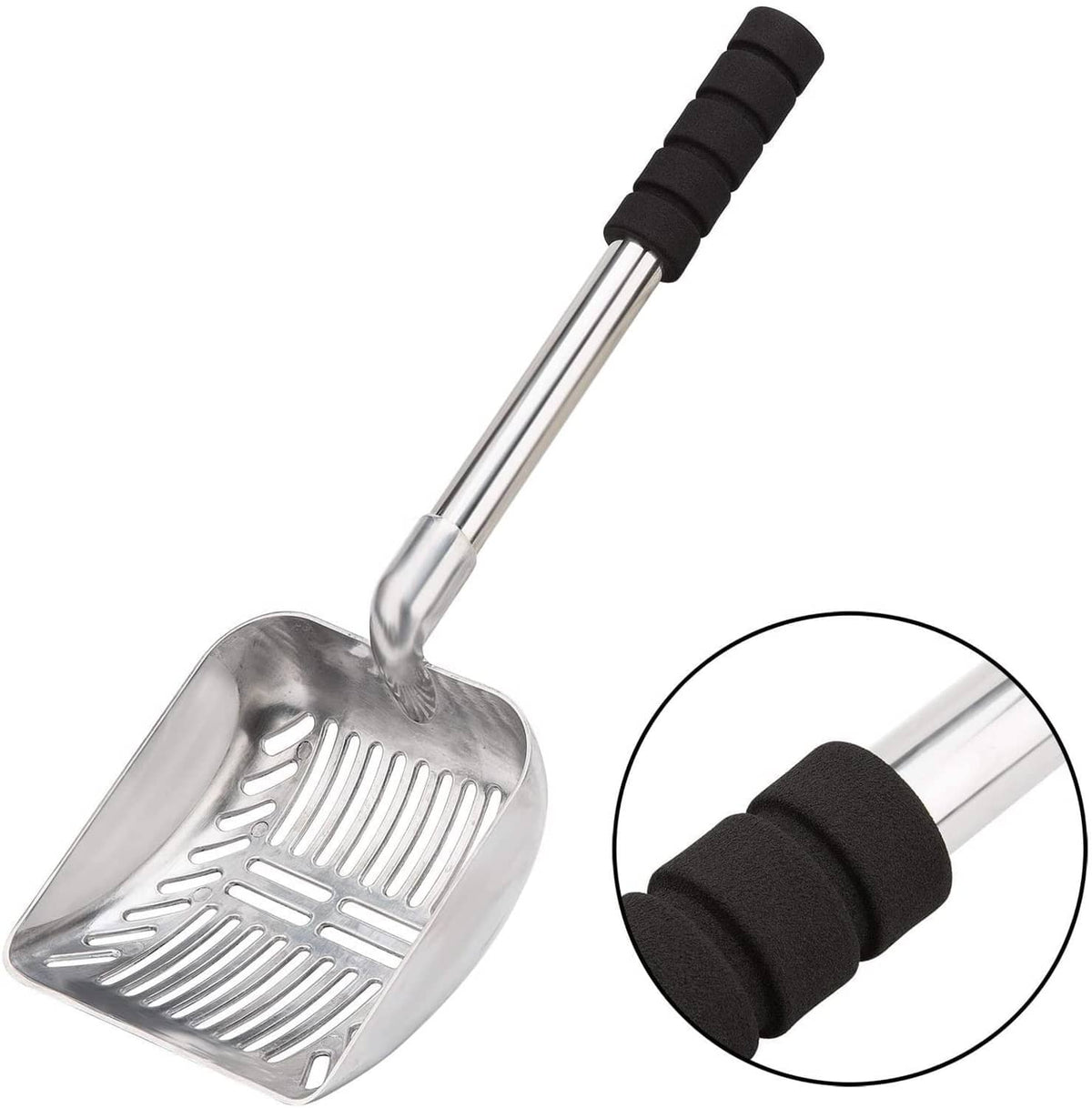 Metal litter scoop with black foam grip on long handle, vented square head