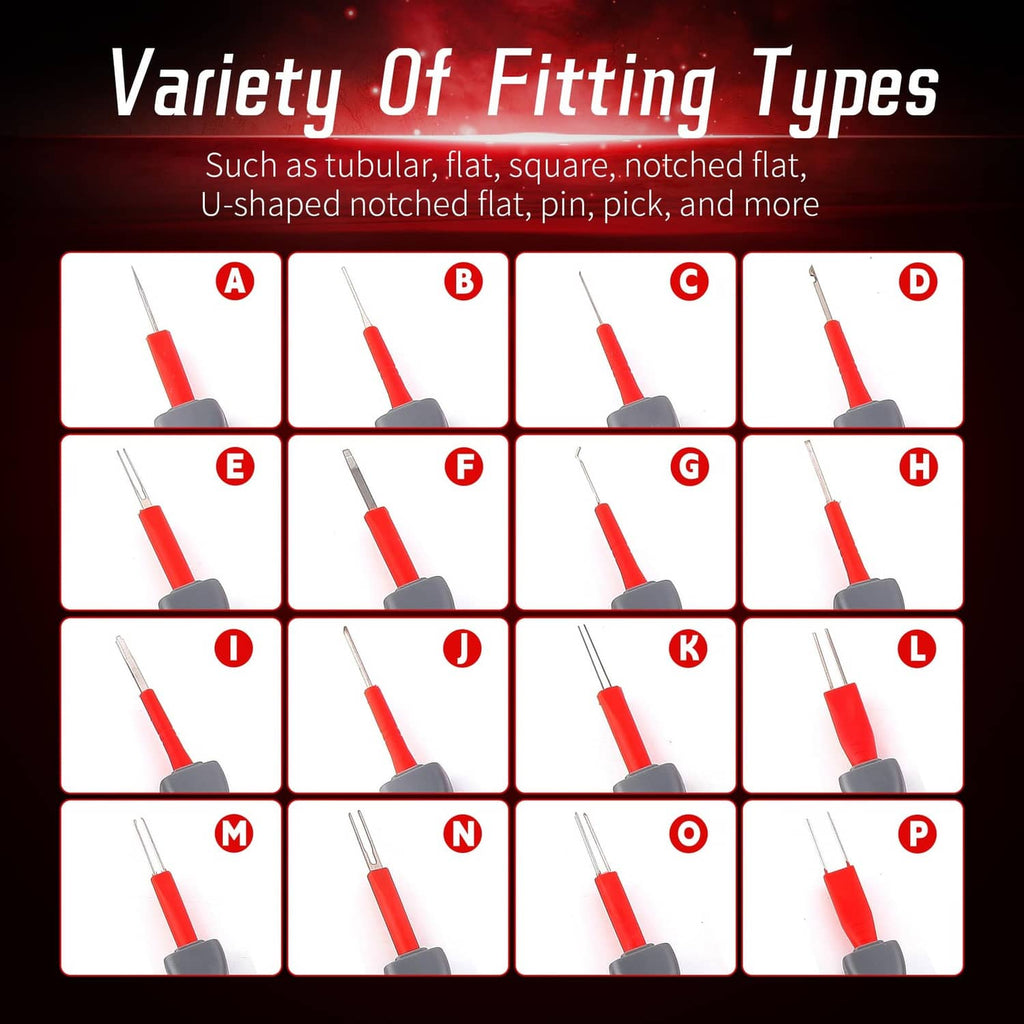 Assorted terminal removal tool tips with red handles and gray metal ends
