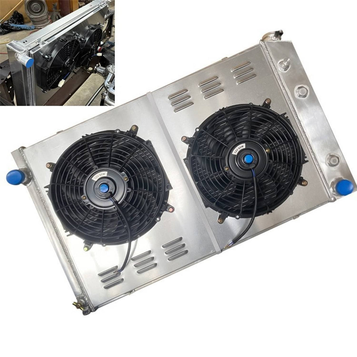 Radiator fan shroud assembly with two fans, silver panel, and blue mounting caps