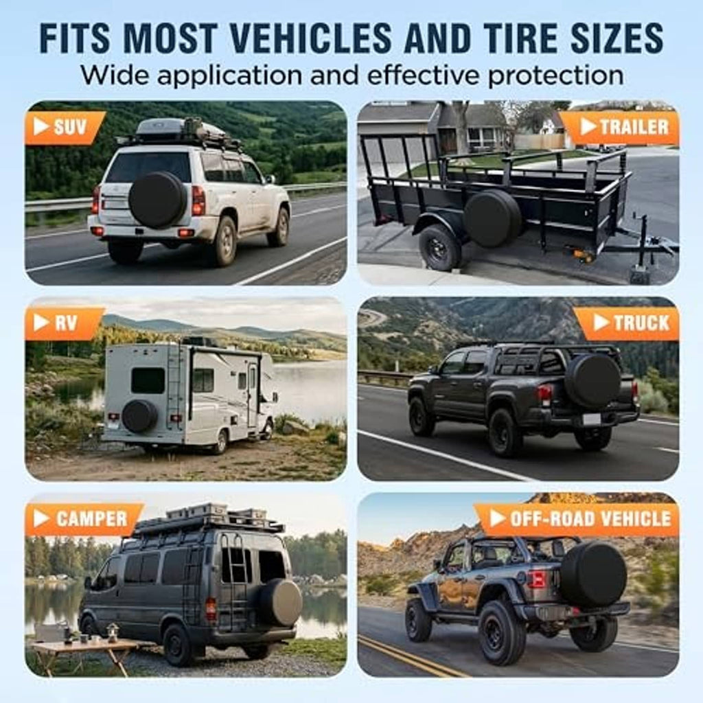 Black spare tire cover installed on SUV, truck, RV, camper, and off-road vehicles