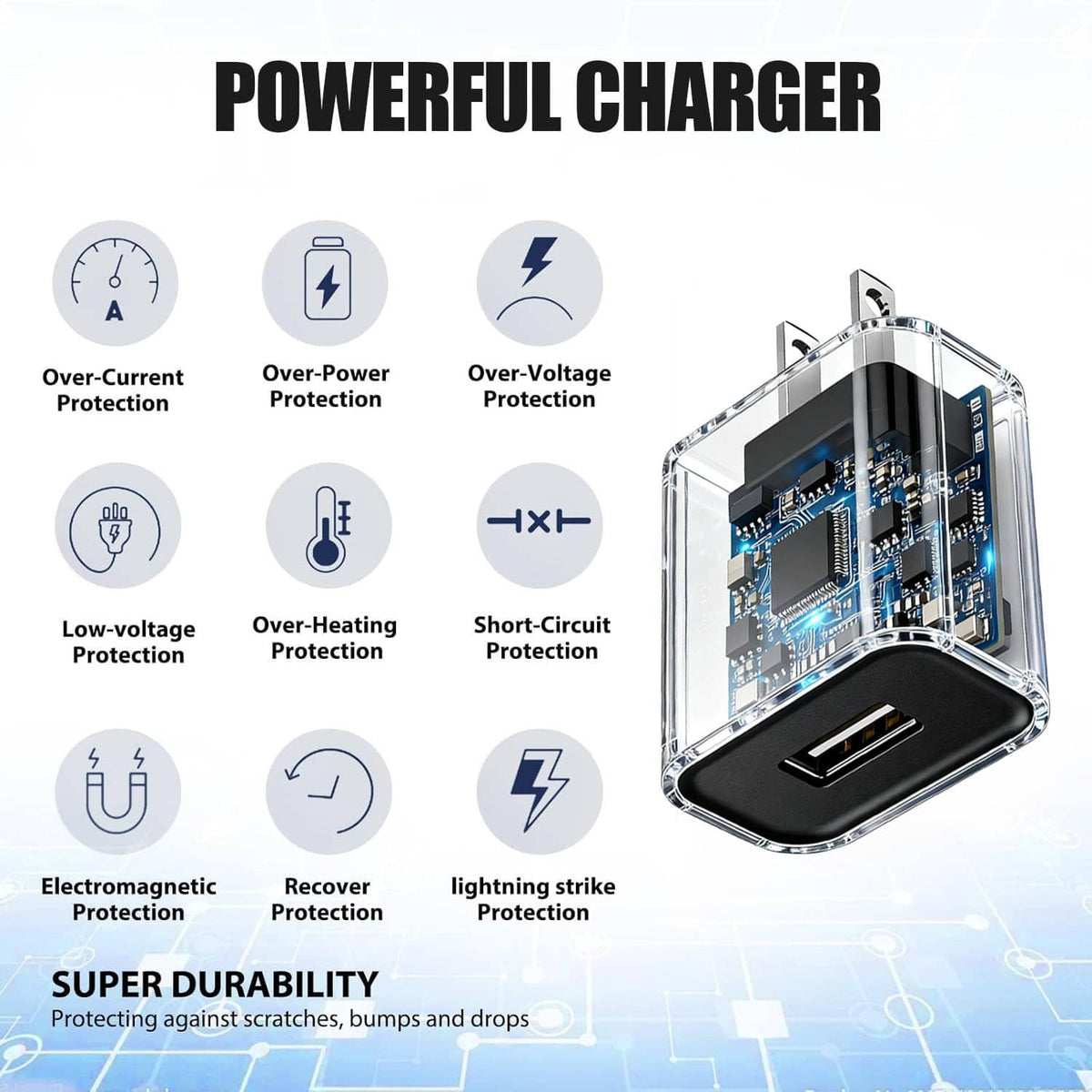 Black charging adapter with a USB port, illustrated with multiple protection features.