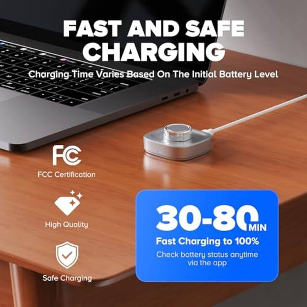 Glossy silver ring charger dock with blue status light connected to a cable