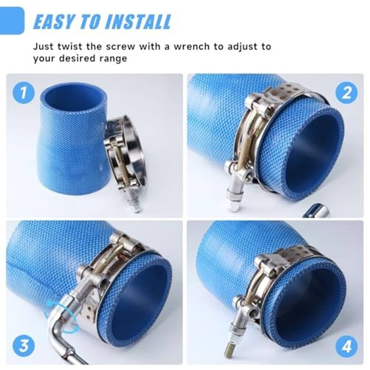 T-bolt hose clamp installation steps, twist screw and tighten with a wrench