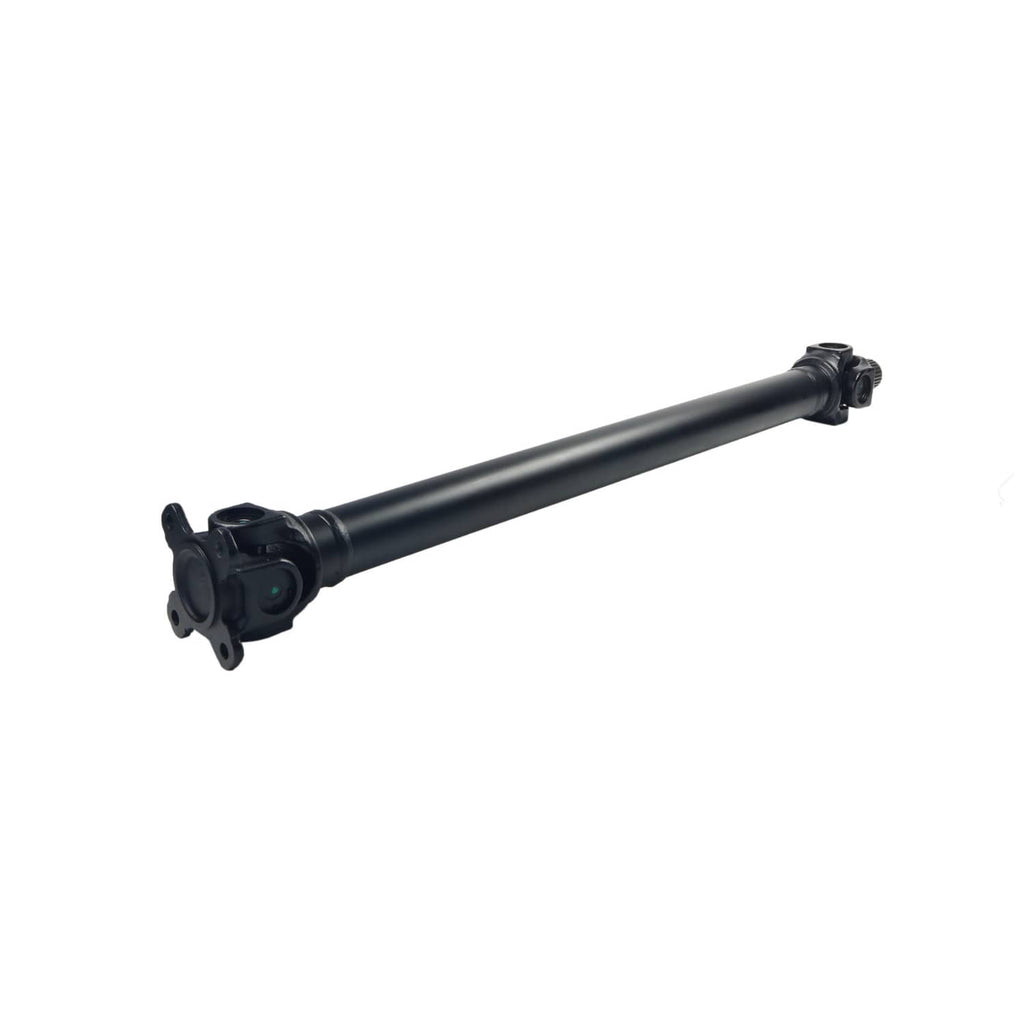 Black front driveshaft with flange-mounted joint at the left end