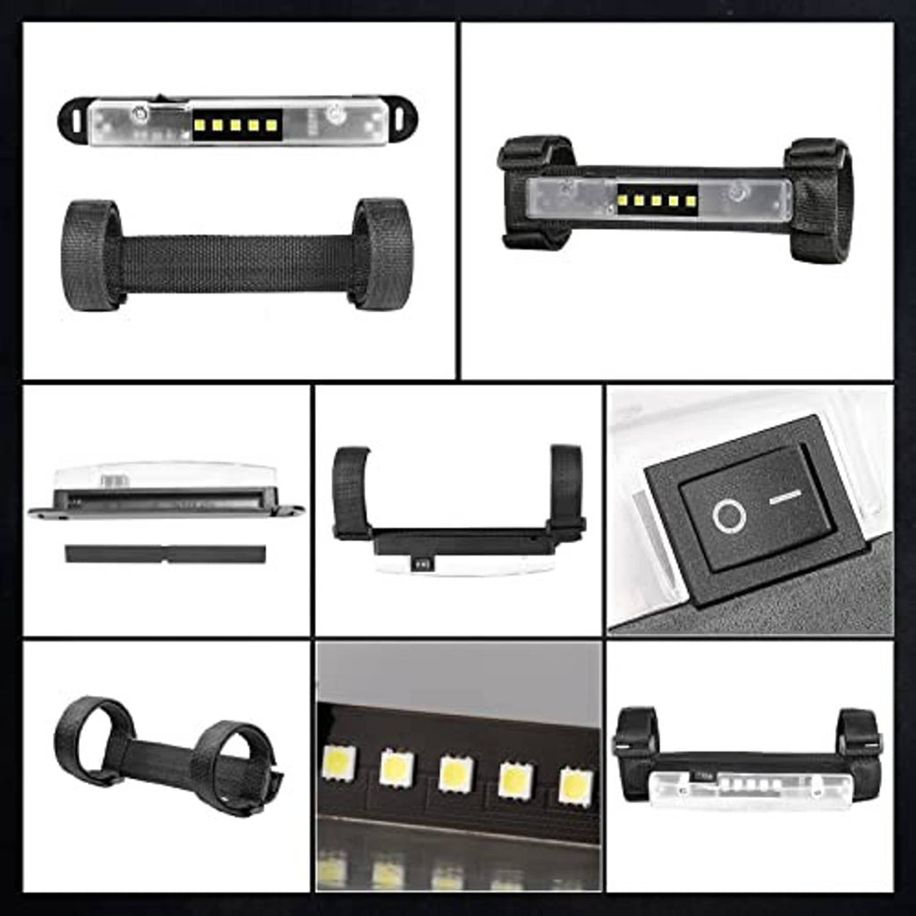 Universal roll bar LED interior light shown from multiple angles with black mounting straps