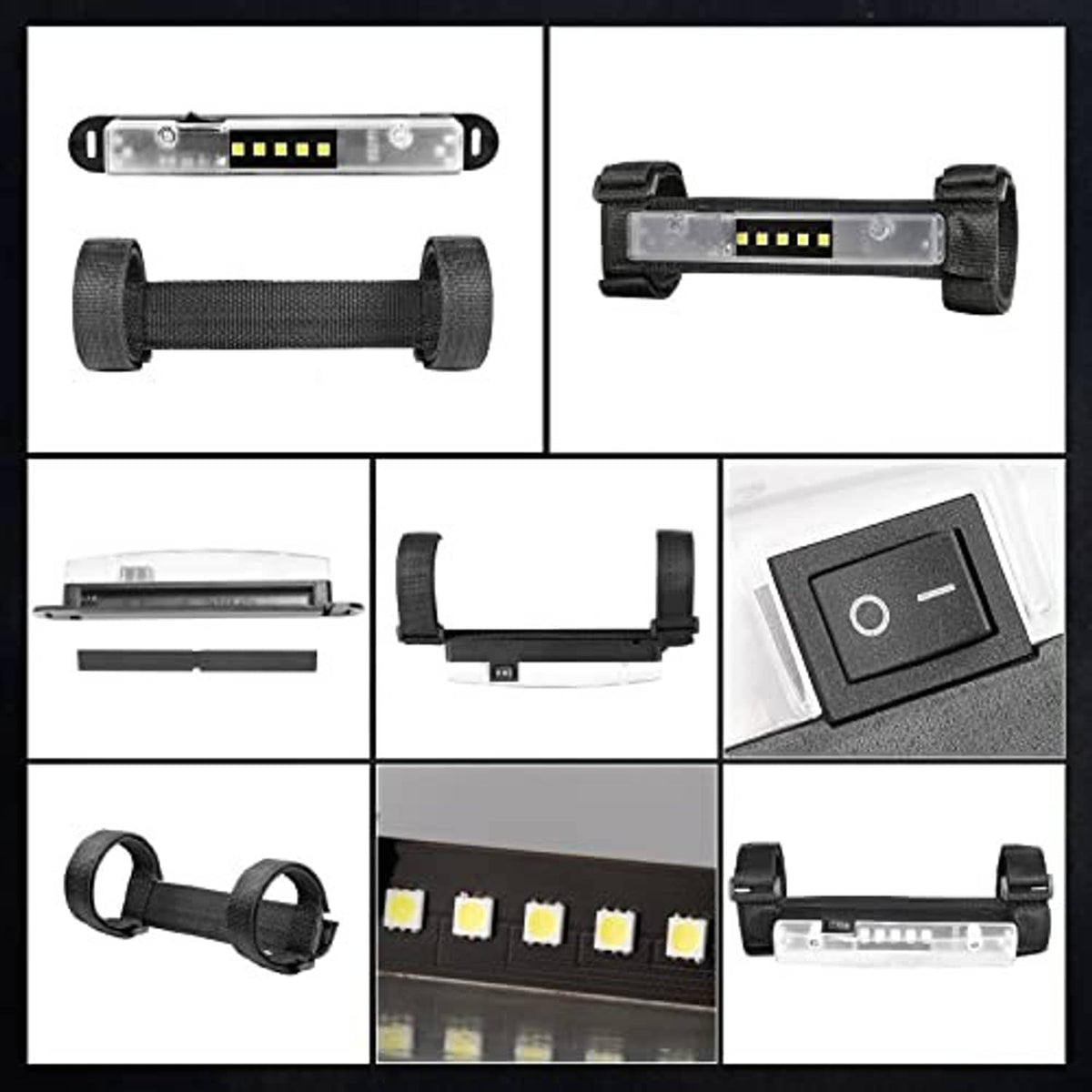 Universal roll bar LED interior light shown from multiple angles with black mounting straps
