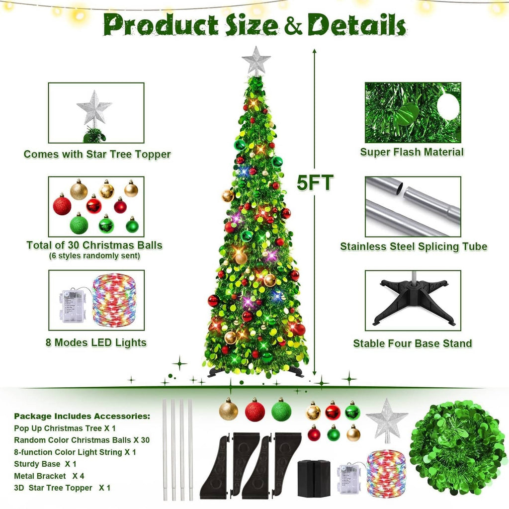 Green pop-up Christmas tree with star topper, LED lights, and 30 multicolor balls