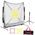 Baseball and softball practice net with black frame, white mesh and yellow strike targets