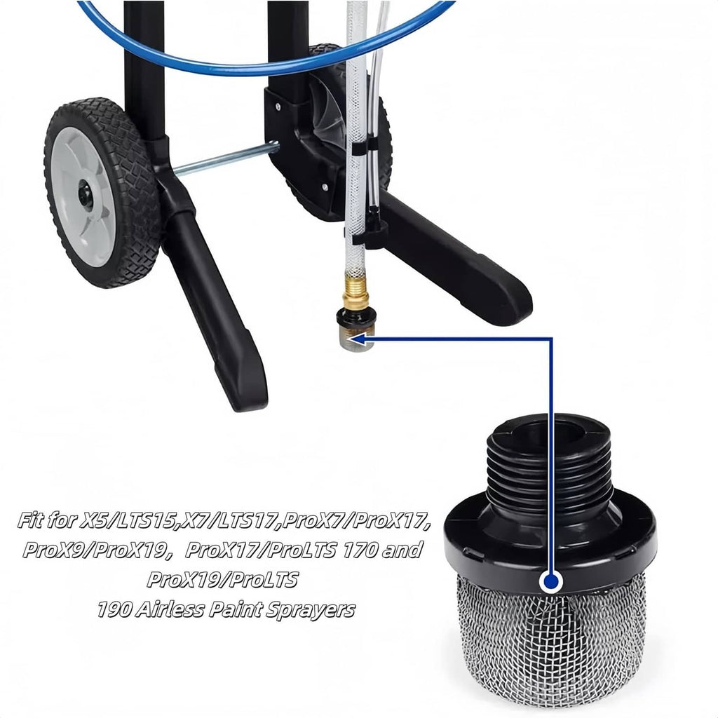 Airless spray gun filter installed: silver mesh cylinder with black threaded collar