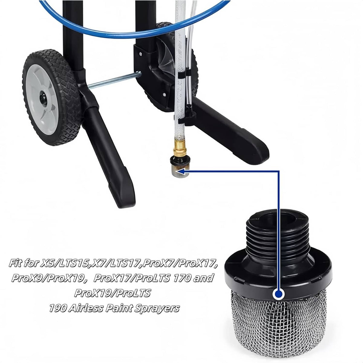 Airless spray gun filter installed: silver mesh cylinder with black threaded collar